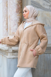 Bel Büzgülü Taşlı Kapüşonlu Sweatshirt   Vizon