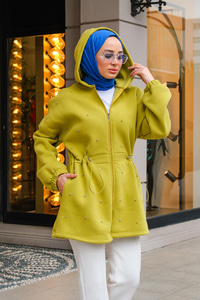 Bel Büzgülü Taşlı Kapüşonlu Sweatshirt Yağ Yeşil