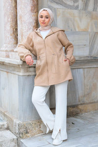 Bel Büzgülü Taşlı Kapüşonlu Sweatshirt   Vizon