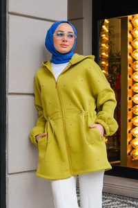 Bel Büzgülü Taşlı Kapüşonlu Sweatshirt Yağ Yeşil