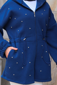 Bel Büzgülü Taşlı Kapüşonlu Sweatshirt   Lacivert