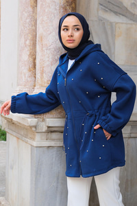 Bel Büzgülü Taşlı Kapüşonlu Sweatshirt   Lacivert