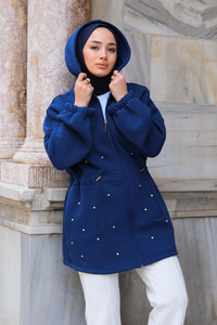 Bel Büzgülü Taşlı Kapüşonlu Sweatshirt   Lacivert