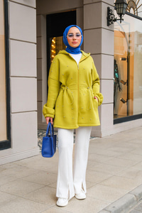 Bel Büzgülü Taşlı Kapüşonlu Sweatshirt Yağ Yeşil