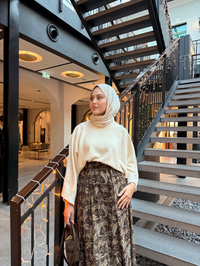 Bel Lastik Detay Etnik Desen Şifon Etek Kahverengi