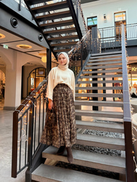 Bel Lastik Detay Etnik Desen Şifon Etek Kahverengi