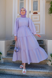 BEL LASTIK DETAYLI CIZGILI ELBISE LILA