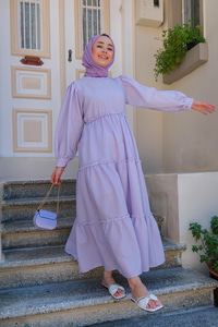 BEL LASTIK DETAYLI CIZGILI ELBISE LILA