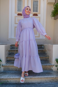 BEL LASTIK DETAYLI CIZGILI ELBISE LILA