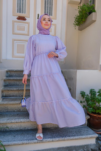 BEL LASTIK DETAYLI CIZGILI ELBISE LILA