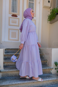 BEL LASTIK DETAYLI CIZGILI ELBISE LILA