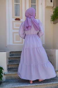 BEL LASTIK DETAYLI CIZGILI ELBISE LILA