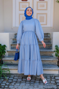 BEL LASTIK DETAYLI CIZGILI ELBISE MAVI