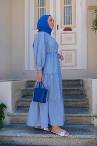 BEL LASTIK DETAYLI CIZGILI ELBISE MAVI