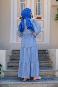 BEL LASTIK DETAYLI CIZGILI ELBISE MAVI