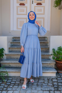 BEL LASTIK DETAYLI CIZGILI ELBISE MAVI