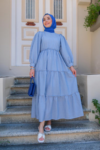 BEL LASTIK DETAYLI CIZGILI ELBISE MAVI