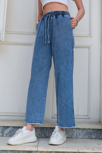 Bel Lastikli Bol Paça Pantolon Mavi