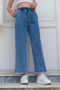 Bel Lastikli Bol Paça Pantolon Mavi