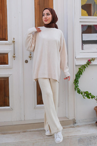 Bel Lastikli Bol Paça Triko Pantolon Krem