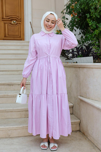 Bel Lastikli Çizgili Elbise Pembe