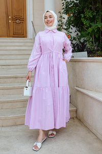 Bel Lastikli Çizgili Elbise Pembe