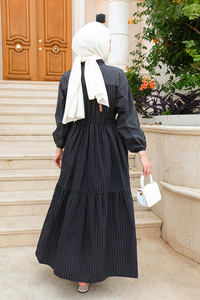 Bel Lastikli Çizgili Elbise Siyah