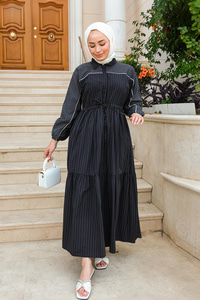 Bel Lastikli Çizgili Elbise Siyah