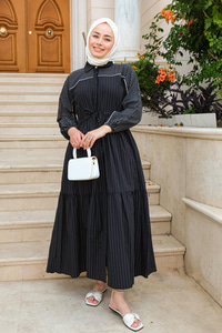 Bel Lastikli Çizgili Elbise Siyah