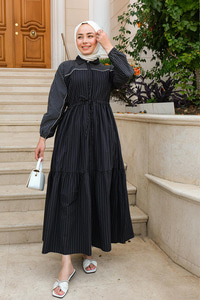 Bel Lastikli Çizgili Elbise Siyah