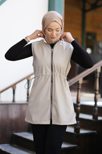 Bel Lastikli Deri Yelek Krem