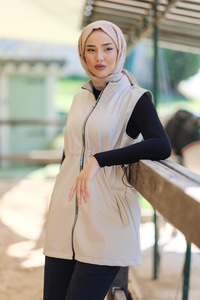 Bel Lastikli Deri Yelek Krem