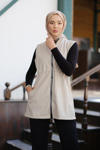 Bel Lastikli Deri Yelek Krem