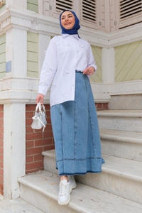 Bel Lastikli Kot Etek  Mavi