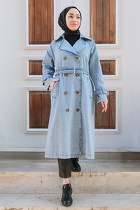 Bel Ve Kol Bağlamalı Trençkot Açık Mavi