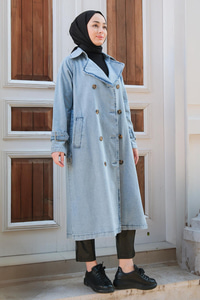 Bel Ve Kol Bağlamalı Trençkot Açık Mavi