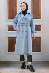 Bel Ve Kol Bağlamalı Trençkot Açık Mavi