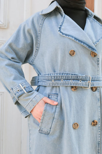 Bel Ve Kol Bağlamalı Trençkot Açık Mavi