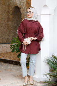 Belden Bağlamalı Gömlek  Bordo