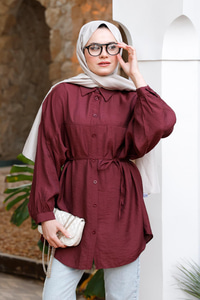 Belden Bağlamalı Gömlek  Bordo