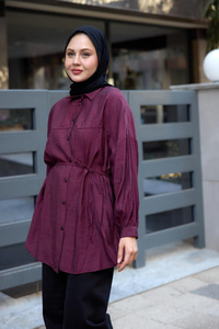 Belden Bağlamalı Gömlek Mürdüm