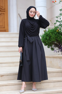 Belden Bağlamalı Pileli Etek Siyah