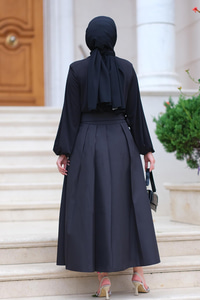 Belden Bağlamalı Pileli Etek Siyah