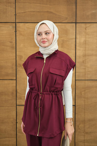 Beli Ayarlanabilir Gold Fermuar Detay Yelekli Takım Mürdüm