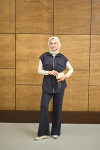 Beli Ayarlanabilir Gold Fermuar Detay Yelekli Takım Füme