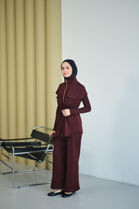 Beli Ayarlanabilir Gold Fermuar Detay Yelekli Takım Bordo