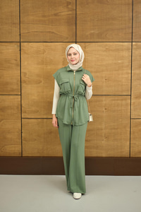 Beli Ayarlanabilir Gold Fermuar Detay Yelekli Takım Haki Yeşil