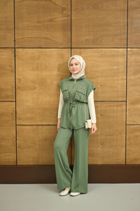 Beli Ayarlanabilir Gold Fermuar Detay Yelekli Takım Haki Yeşil