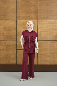 Beli Ayarlanabilir Gold Fermuar Detay Yelekli Takım Mürdüm