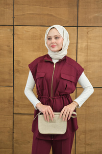 Beli Ayarlanabilir Gold Fermuar Detay Yelekli Takım Mürdüm